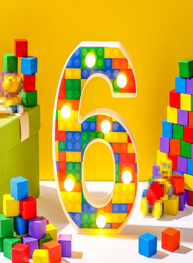Baquler Building Block Light up Number Birthday Decoration Sign Marquee LED Numbers for Party Lighted Building Block Theme Birthday Party Supplies 8.58''(Number 6) - Image 1